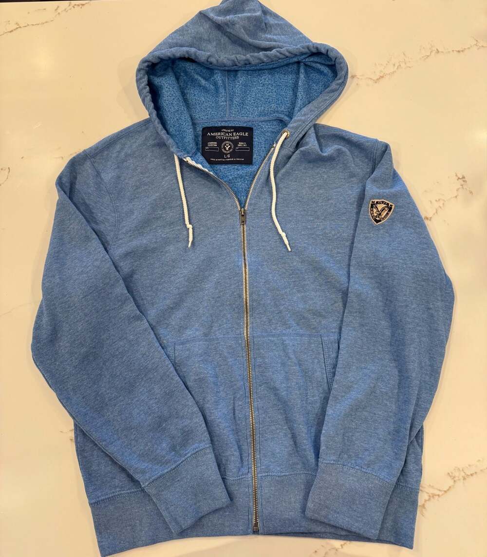 American Eagle Hoodie Large Blue Full Zip Fleece Lined Athletic Fit